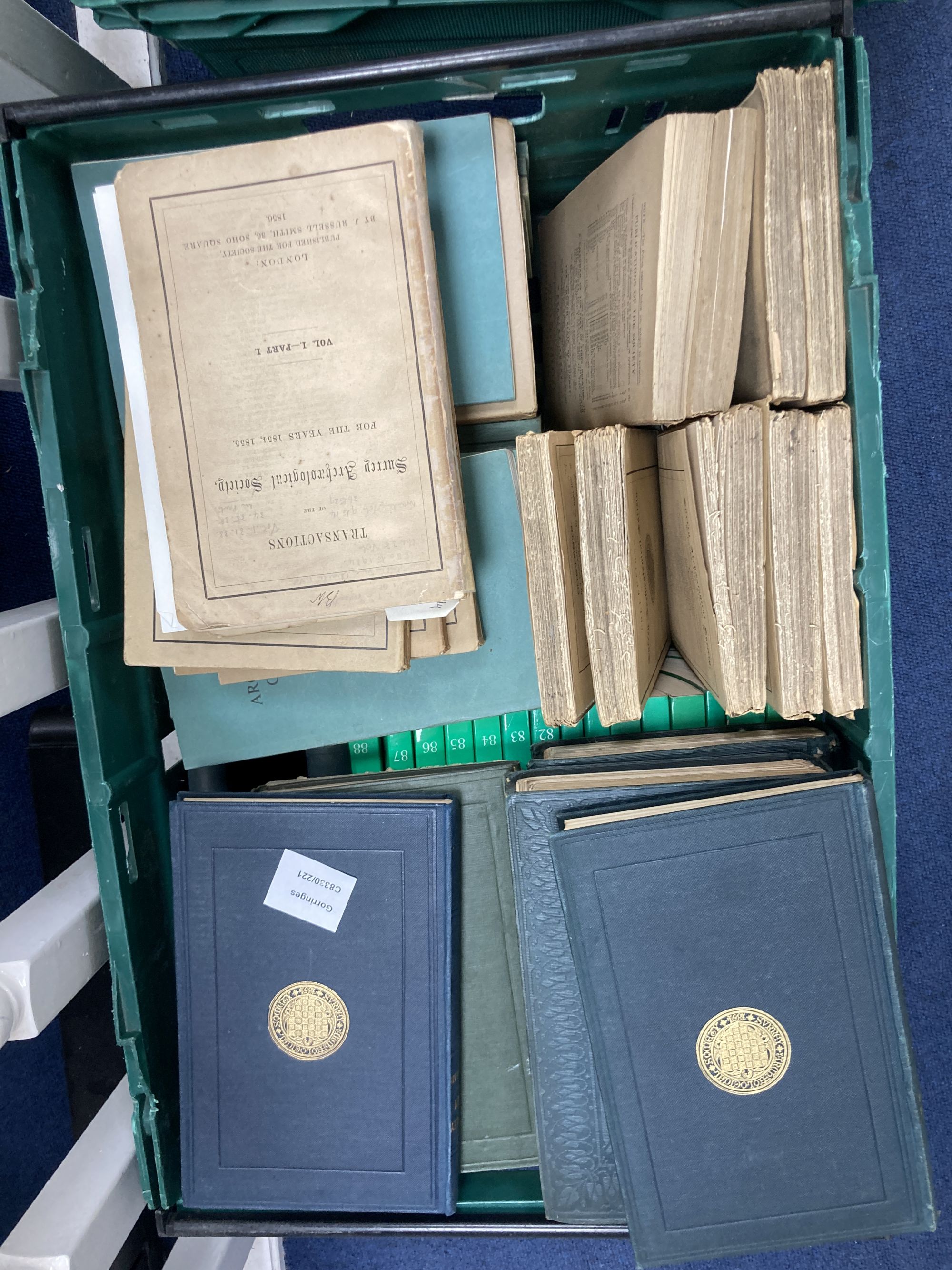 103 volumes of the Transactions/Collections of the Surrey Archaeological Society, ranging from 1856 to 1989, not a complete run.